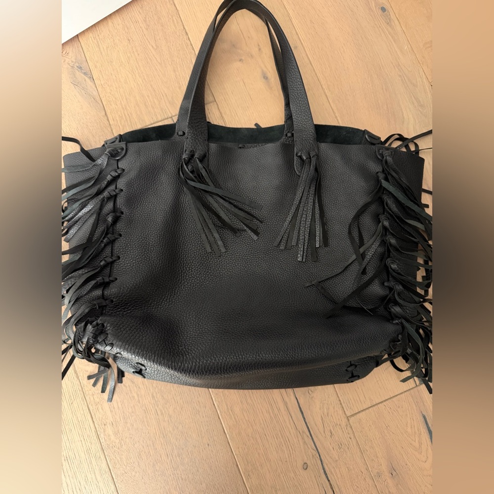 Valentino Black Leather C-Rockee Fringe Tote - Picture 14 of 15